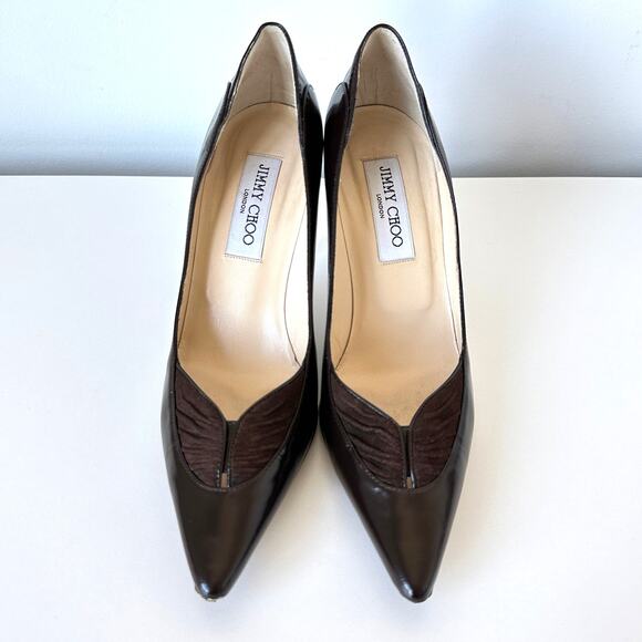Jimmy Choo Dark Brown Leather Pointed Toe Heels Pumps Size 37.5 - Picture 4 of 14